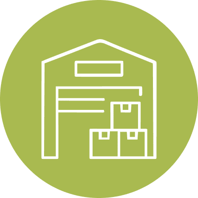 warehouse with boxes green icon